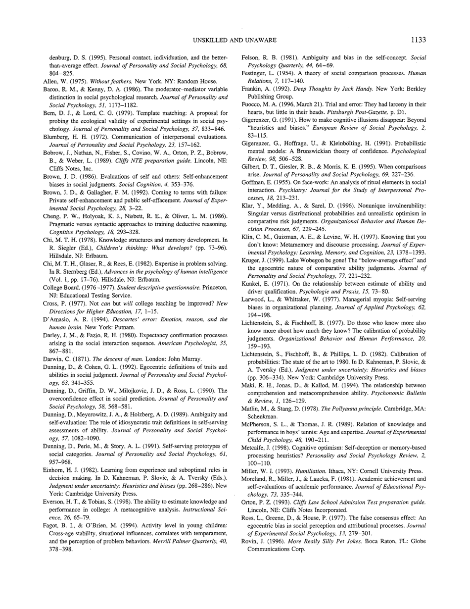 Unskilled and Unaware of It: How Difficulties in Recognizing Ones Own Incompetence Lead to Inflated Self-assessments - Justin Kruger, David Dunning, Journal of Personality and Social Psychology, Page 13