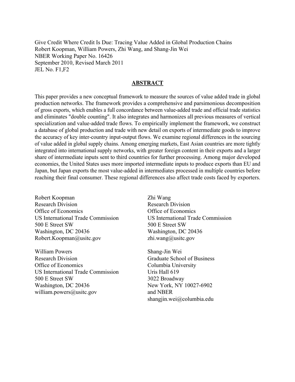 Give Credit Where Credit Is Due: Tracing Value Added in Global Production Chains - National Bureau of Economic Research, Page 2
