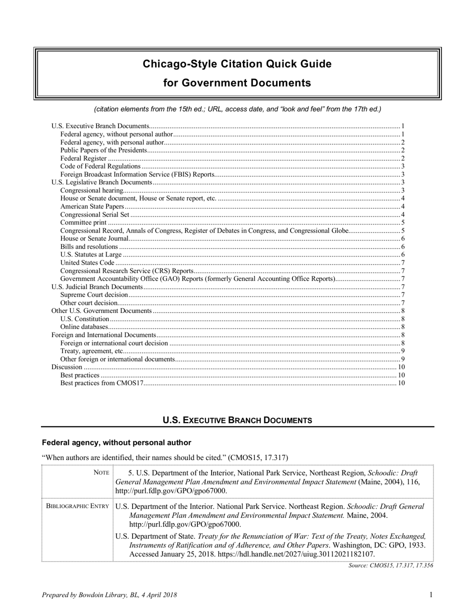 Chicago-Style Citation Quick Guide for Government Documents - Bowdoin College Library, Page 1