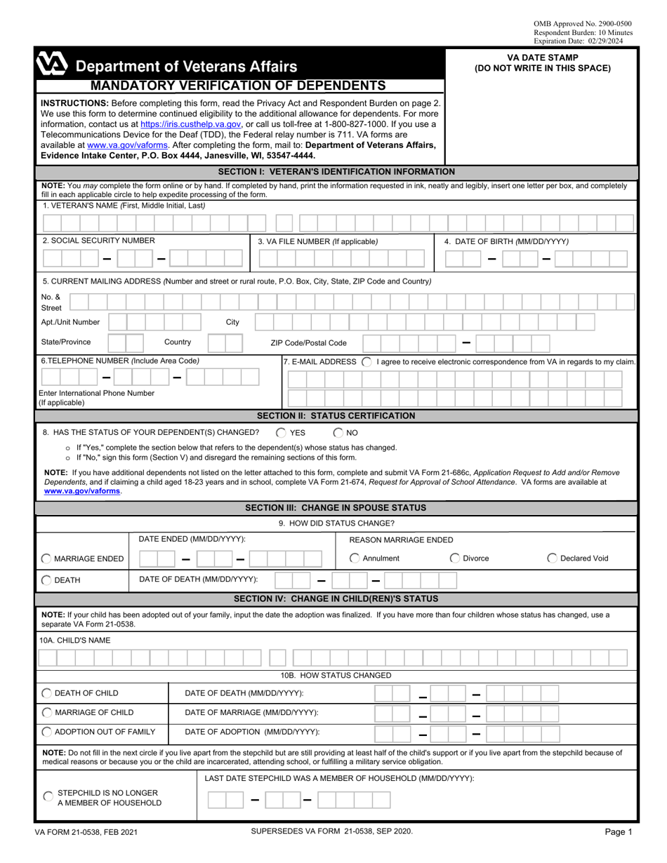 VA Form 21-0538 Mandatory Verification of Dependents, Page 1