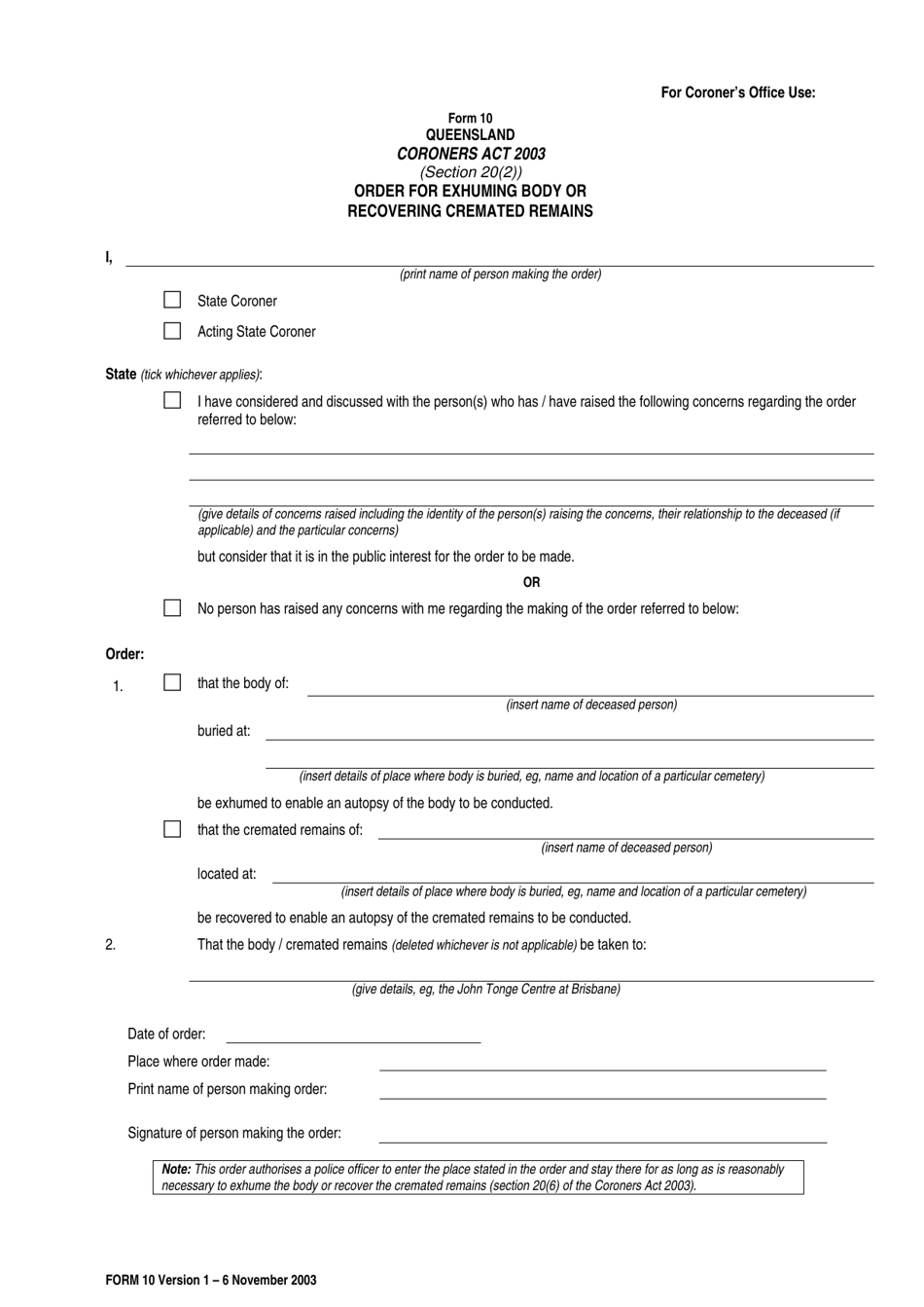 Form 10 Order for Exhuming Body or Recovering Cremated Remains - Queensland, Australia, Page 1