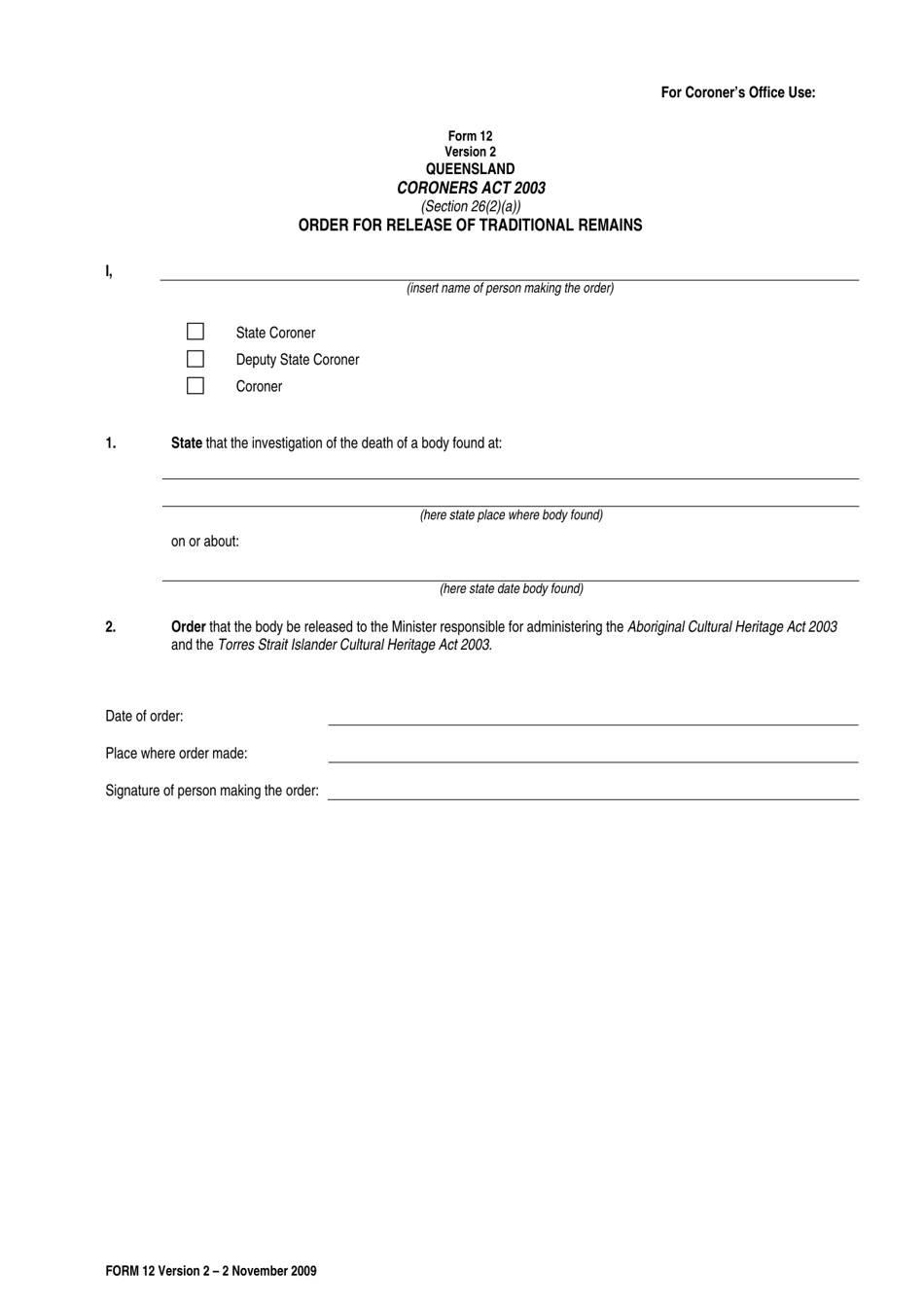Form 12 Order for Release of Traditional Remains - Queensland, Australia, Page 1