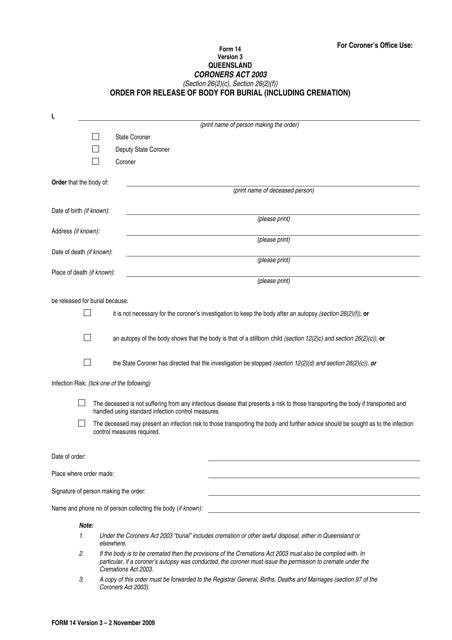 Form 14 Order for Release of Body for Burial (Including Cremation) - Queensland, Australia