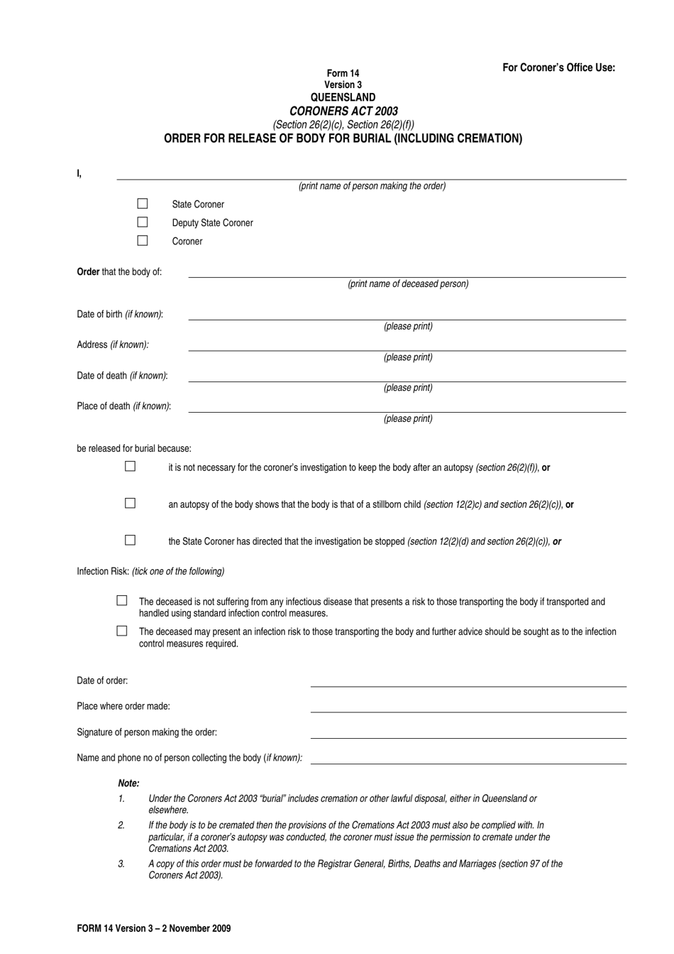 Form 14 Order for Release of Body for Burial (Including Cremation) - Queensland, Australia, Page 1