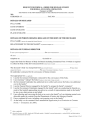 Form 14A &quot;Request for Form 14 - Order for Release of Body for Burial (Including Cremation)&quot; - Queensland, Australia