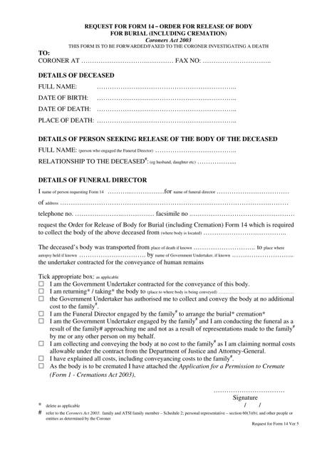Form 14A Request for Form 14 - Order for Release of Body for Burial (Including Cremation) - Queensland, Australia