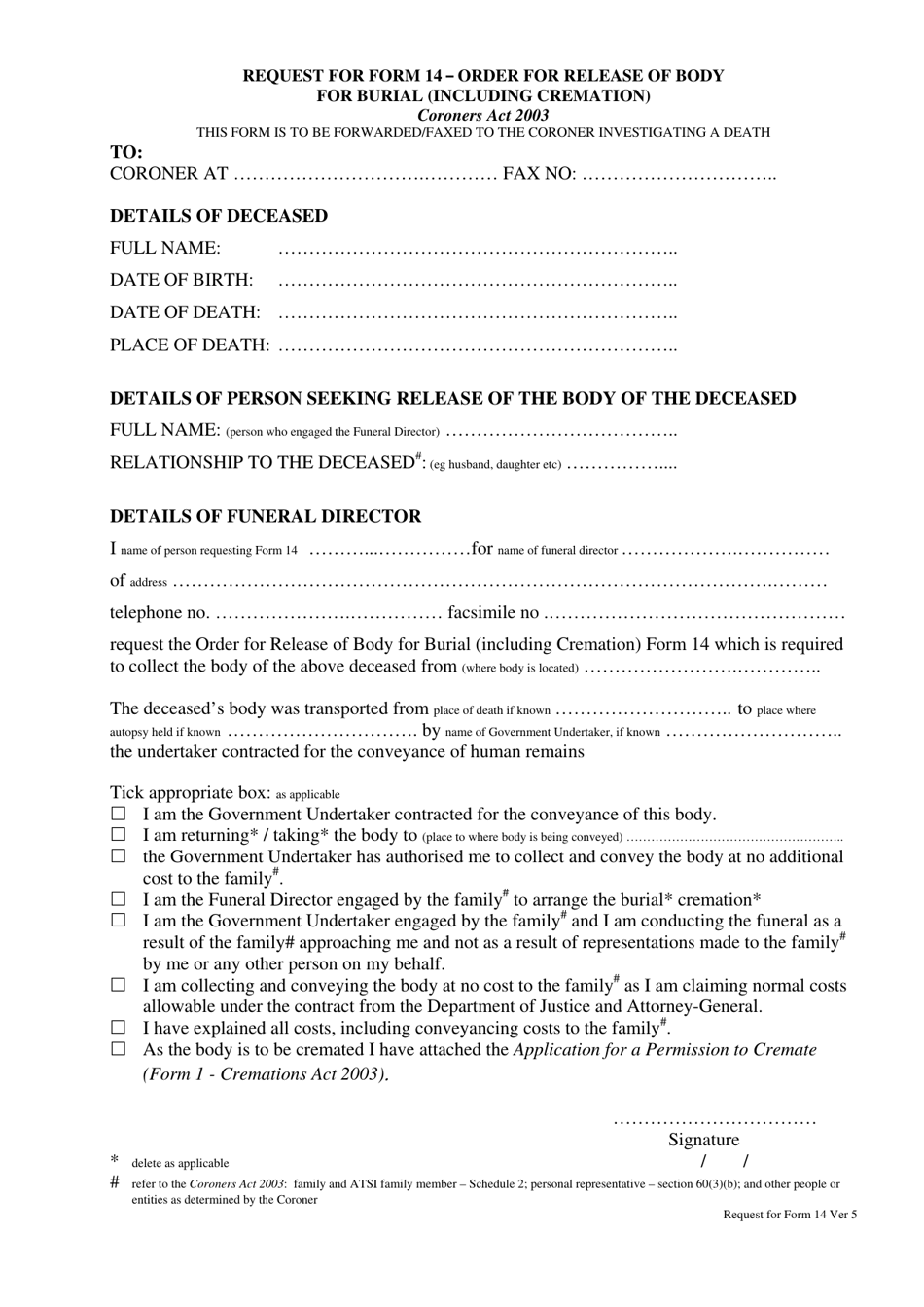 Form 14A Request for Form 14 - Order for Release of Body for Burial (Including Cremation) - Queensland, Australia, Page 1