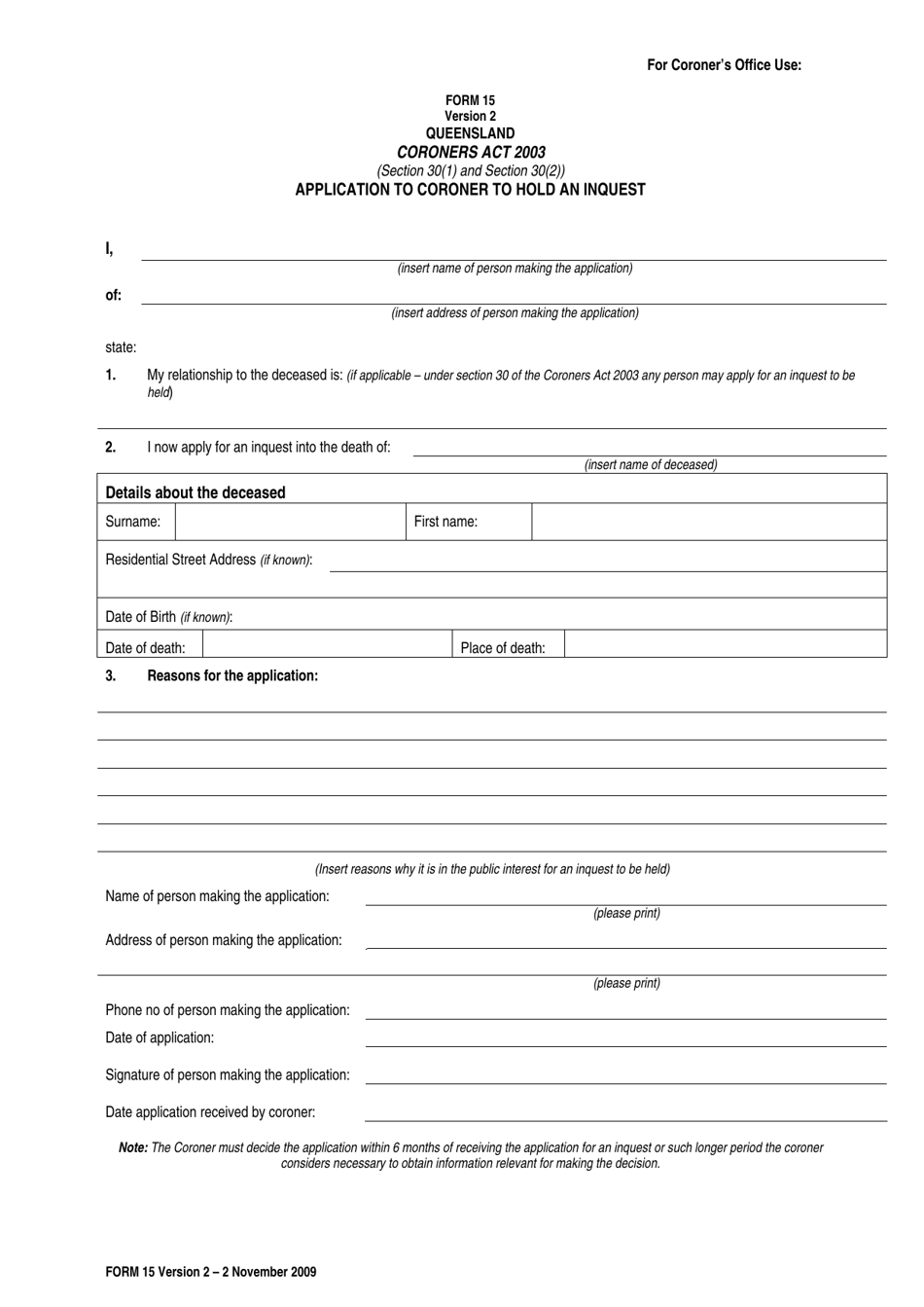 Form 15 Application to Coroner to Hold an Inquest - Queensland, Australia, Page 1