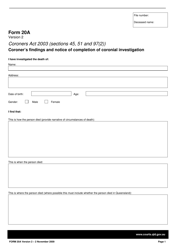 Form 20A &quot;Coroner's Findings and Notice of Completion of Coronial Investigation&quot; - Queensland, Australia