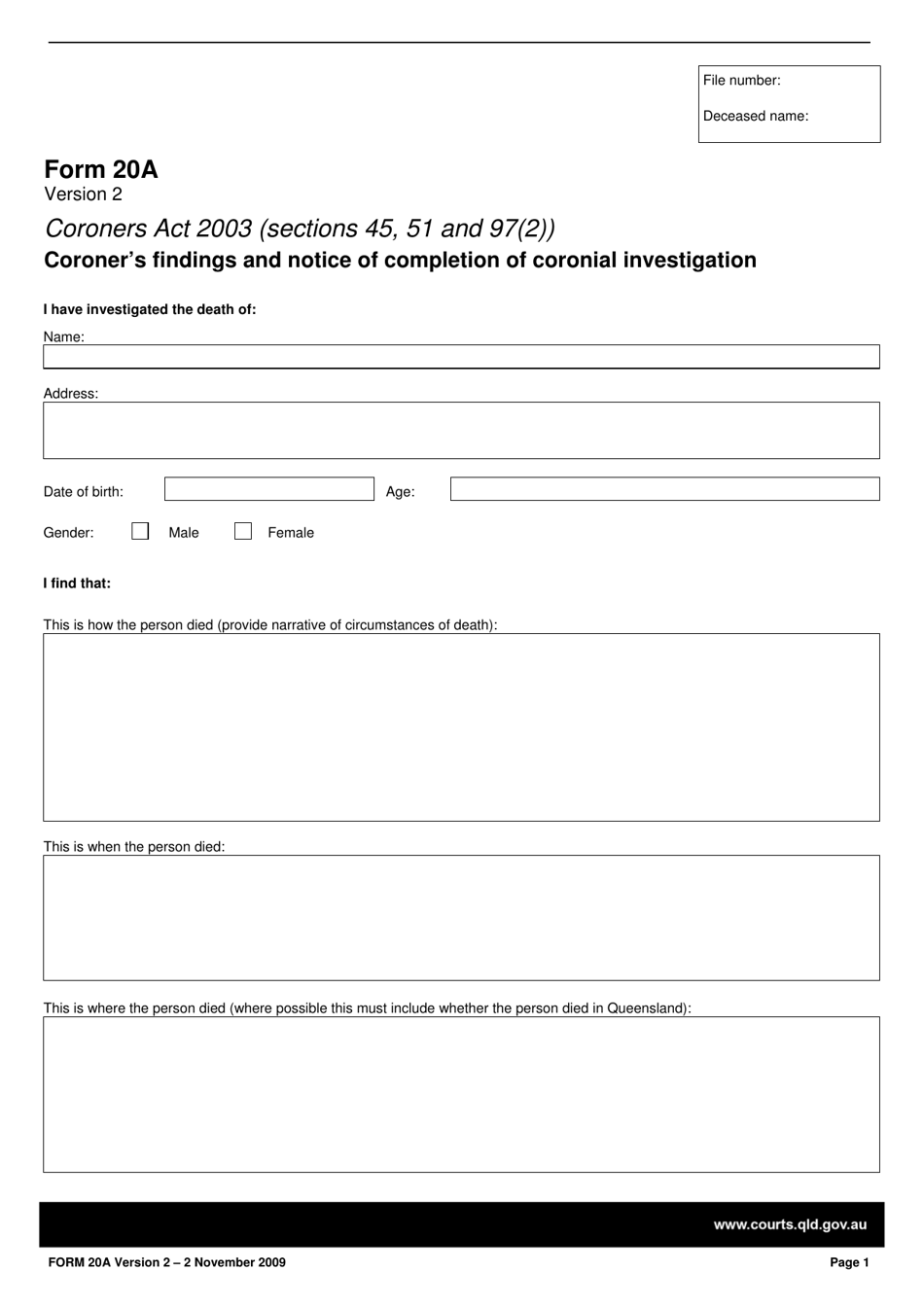 Form 20A Coroners Findings and Notice of Completion of Coronial Investigation - Queensland, Australia, Page 1