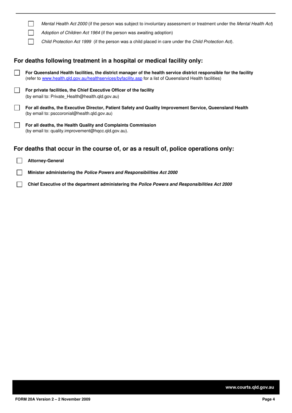 Form 20A Coroners Findings and Notice of Completion of Coronial Investigation - Queensland, Australia, Page 4