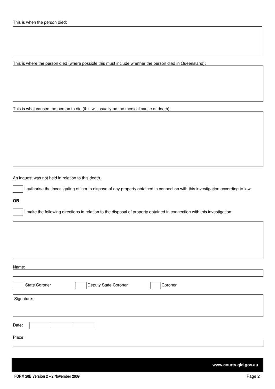 Form 20B Coroners Findings - Suspected Death and Notice of Completion of Coronial Investigation - Queensland, Australia, Page 2