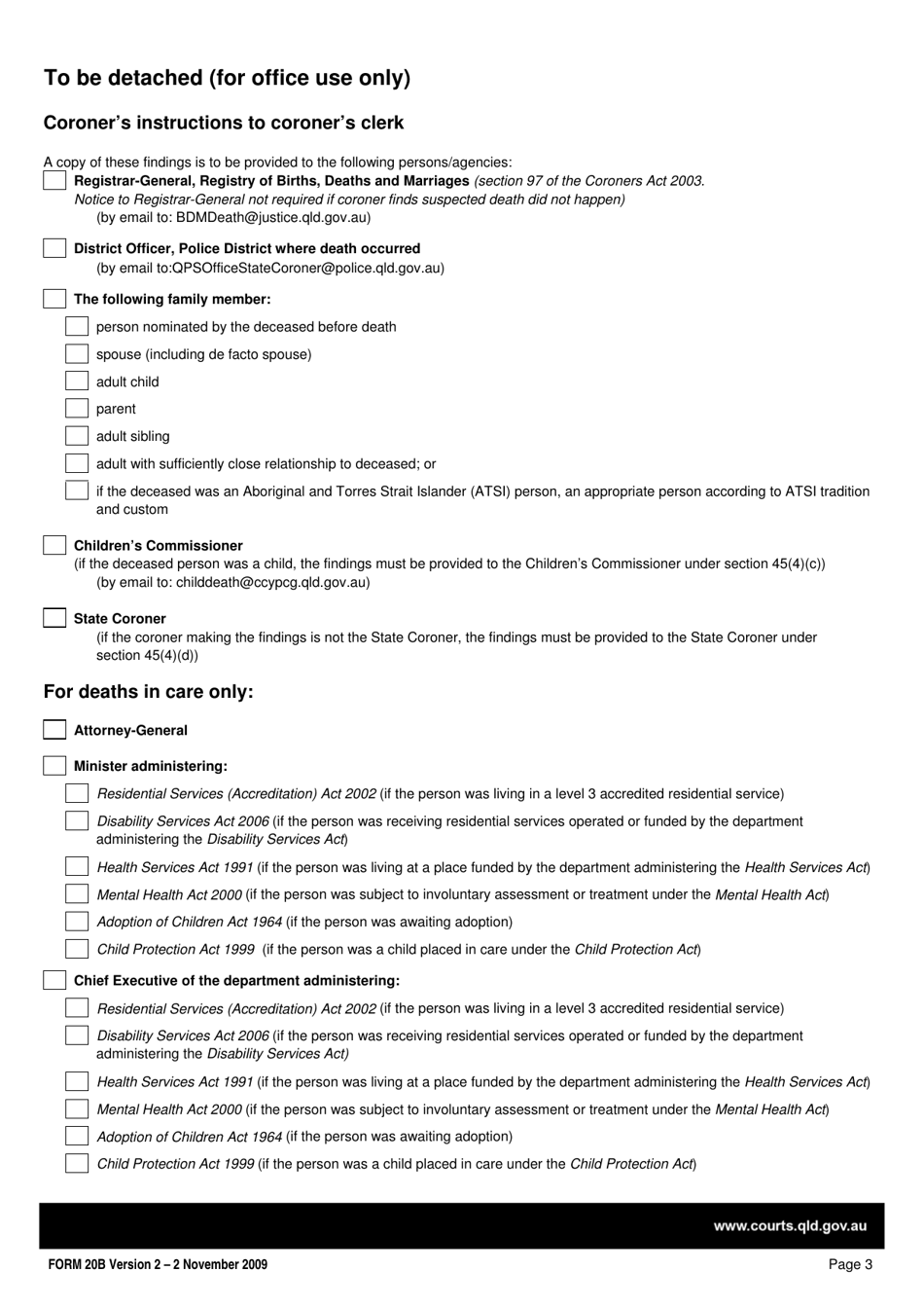 Form 20B Coroners Findings - Suspected Death and Notice of Completion of Coronial Investigation - Queensland, Australia, Page 3