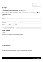 Form 28A &quot;Coroner's Findings at Inquest and Notice of Completion of Coronial Investigation&quot; - Queensland, Australia