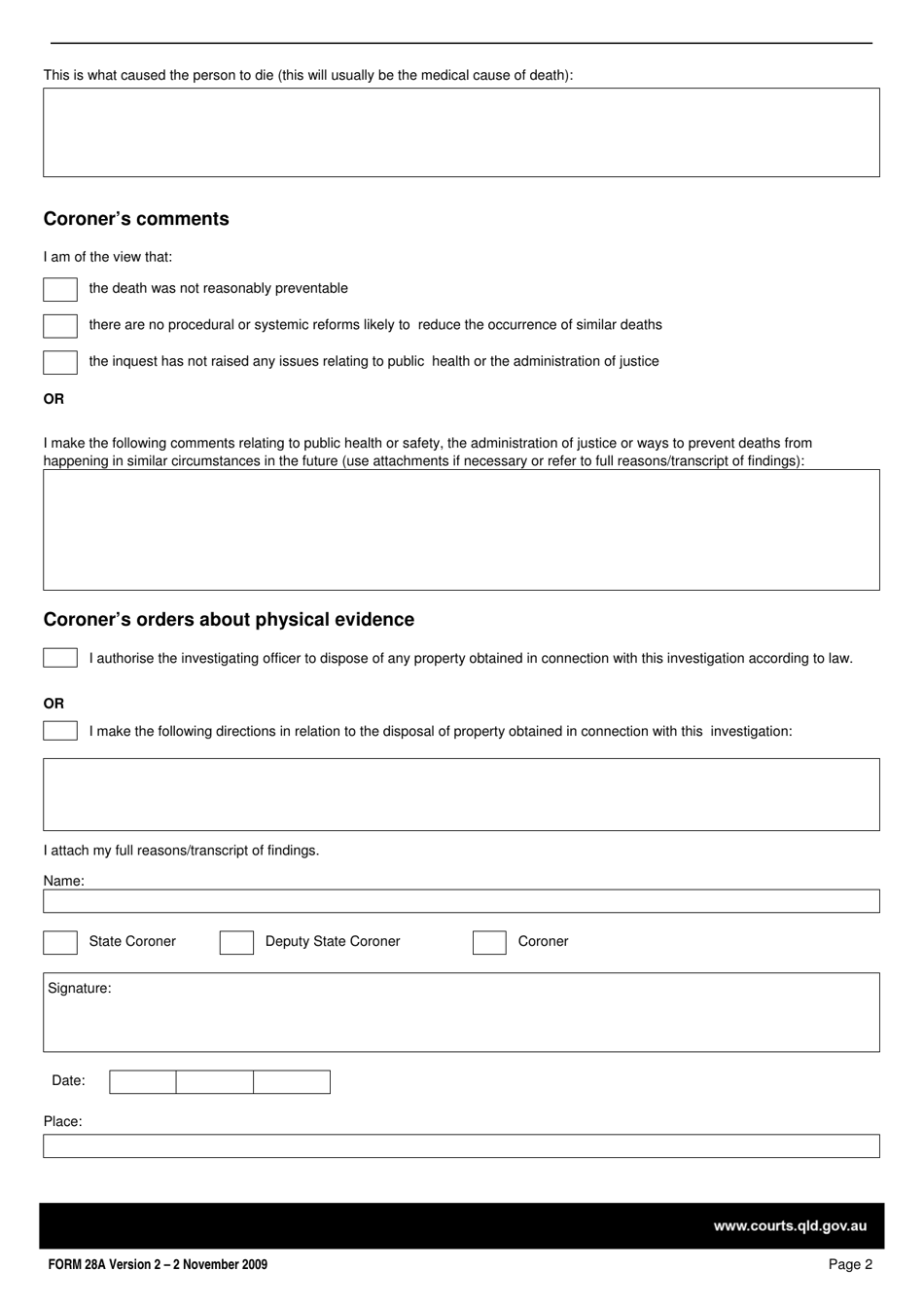 Form 28A Coroners Findings at Inquest and Notice of Completion of Coronial Investigation - Queensland, Australia, Page 2