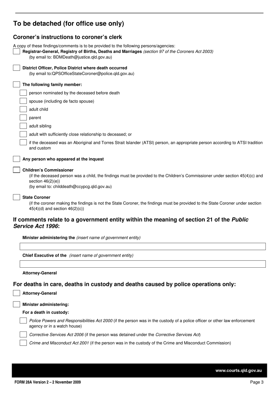 Form 28A Coroners Findings at Inquest and Notice of Completion of Coronial Investigation - Queensland, Australia, Page 3