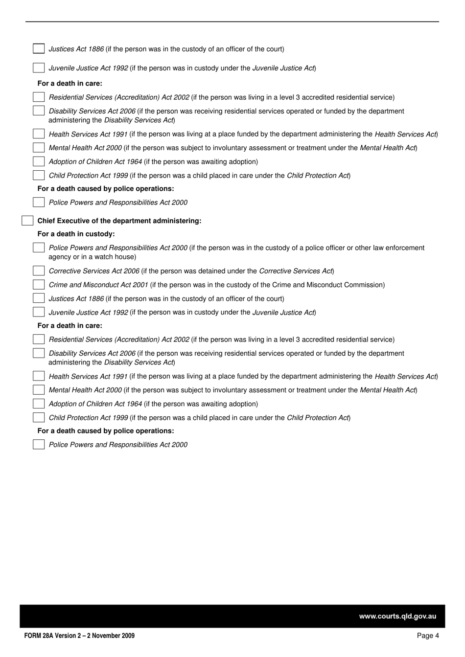 Form 28A Coroners Findings at Inquest and Notice of Completion of Coronial Investigation - Queensland, Australia, Page 4
