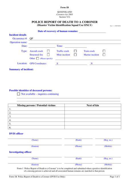 Form 1B Police Report of Death to a Coroner - Queensland, Australia