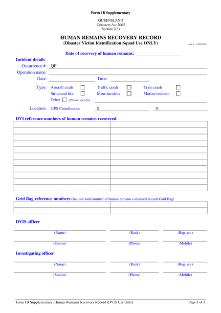 Form 1B SUPPLEMENTARY Human Remains Recovery Record - Queensland, Australia