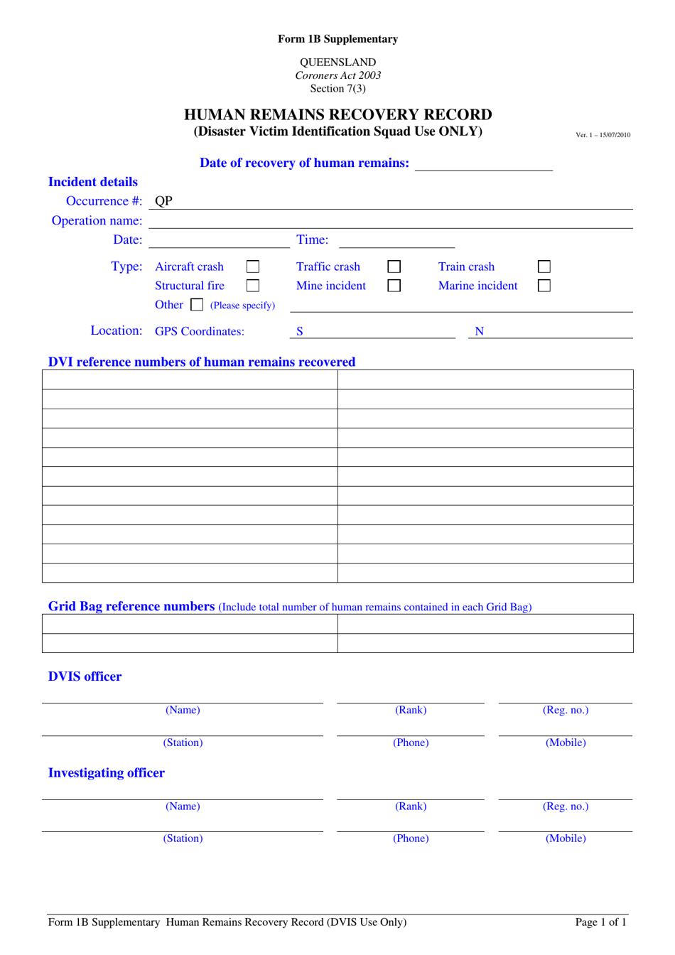 Form 1B SUPPLEMENTARY Human Remains Recovery Record - Queensland, Australia, Page 1