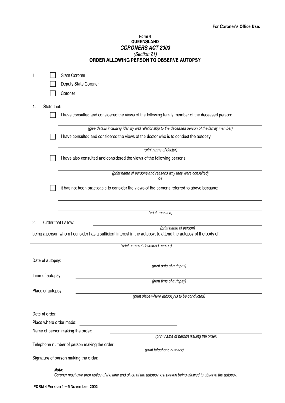 Form 4 Order Allowing Person to Observe Autopsy - Queensland, Australia, Page 1