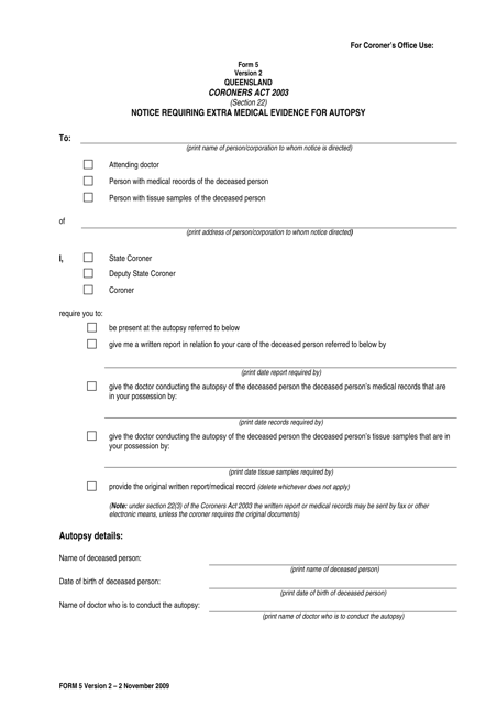 Form 5 Notice Requiring Extra Medical Evidence for Autopsy - Queensland, Australia