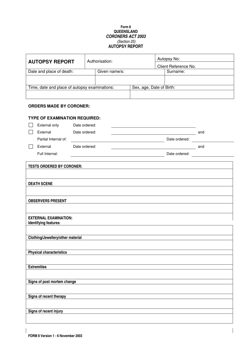 Form 8 Autopsy Report - Queensland, Australia, Page 1