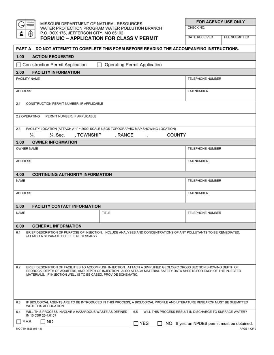 Form UIC (MO780-1826) Application for Class V Permit - Missouri, Page 1