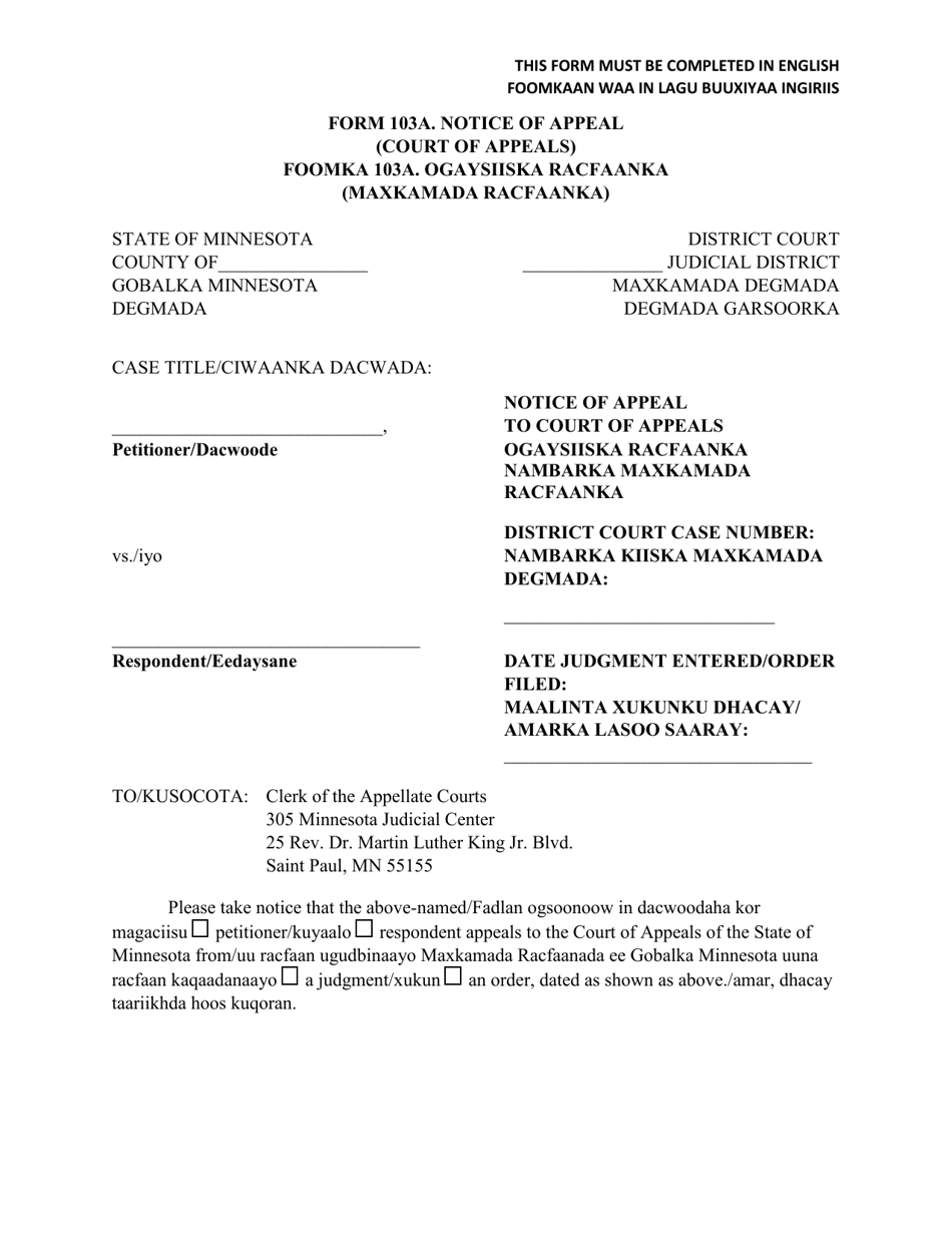 Form 103A Notice of Appeal (Court of Appeals) - Minnesota (English / Somali), Page 1