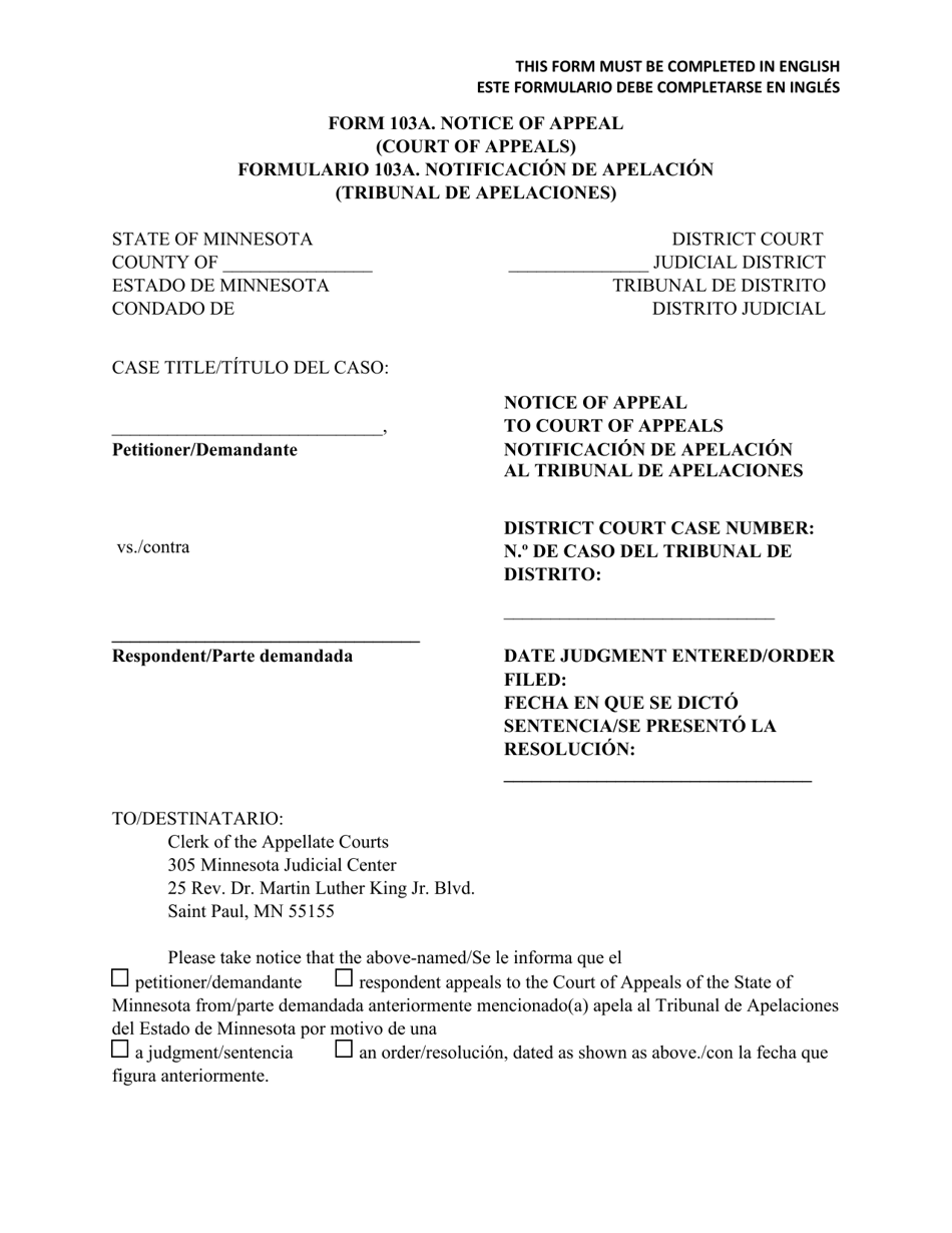 Form 103A Notice of Appeal - Minnesota (English / Spanish), Page 1