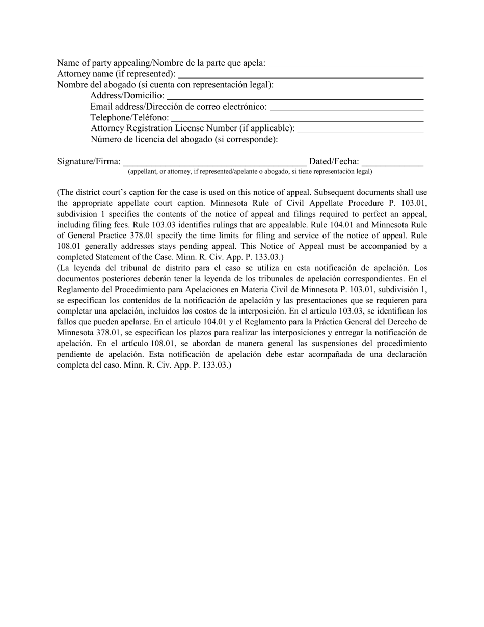 Form 103A Notice of Appeal - Minnesota (English / Spanish), Page 2