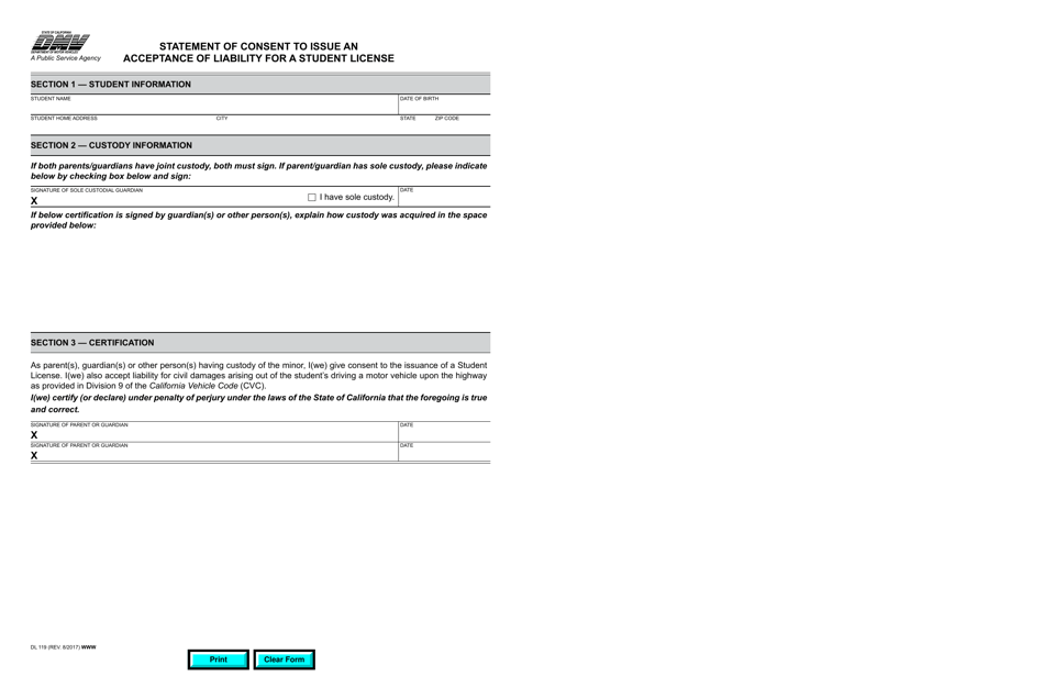 Form DL119 Statement of Consent to Issue an Acceptance of Liability for a Student License - California, Page 1