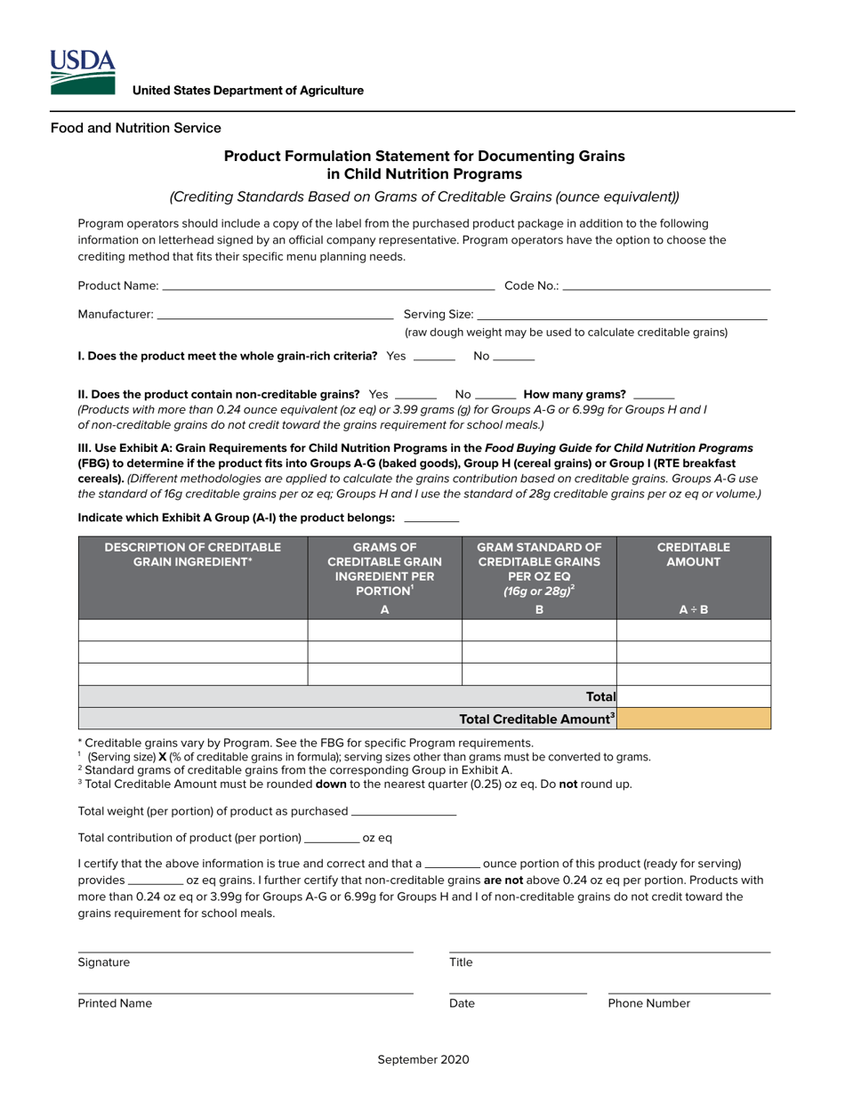 Product Formulation Statement for Documenting Grains in Child Nutrition Programs, Page 1