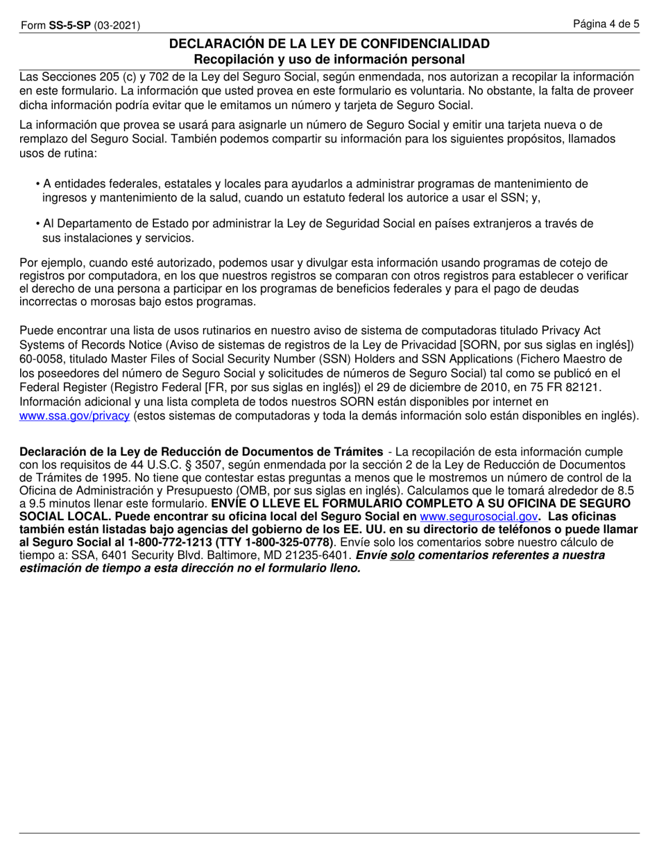 Formulario SS-5-SP Solicitud Para Una Tarjeta De Seguro Social (Spanish), Page 4