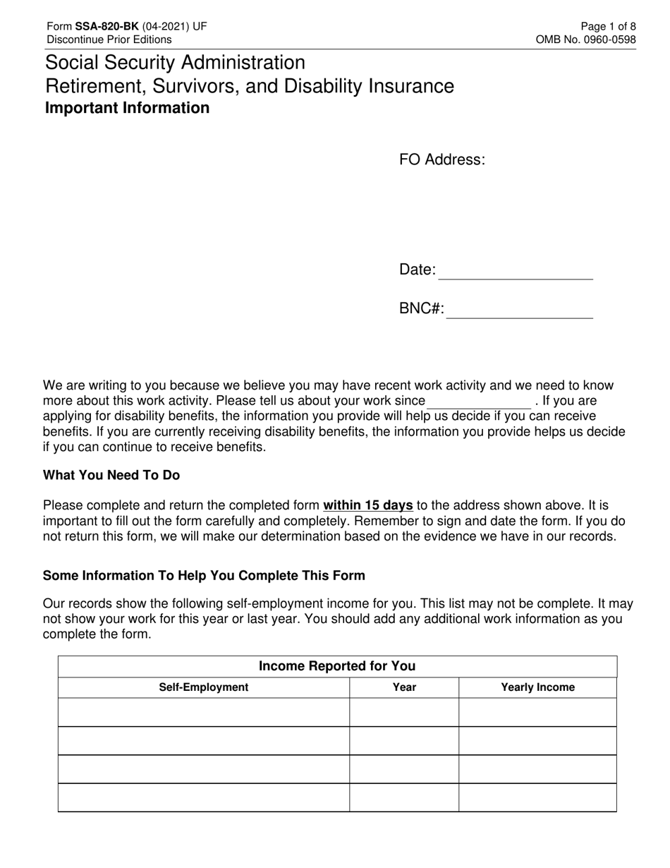 Form SSA-820-BK Work Activity Report (Self-employed Person), Page 1
