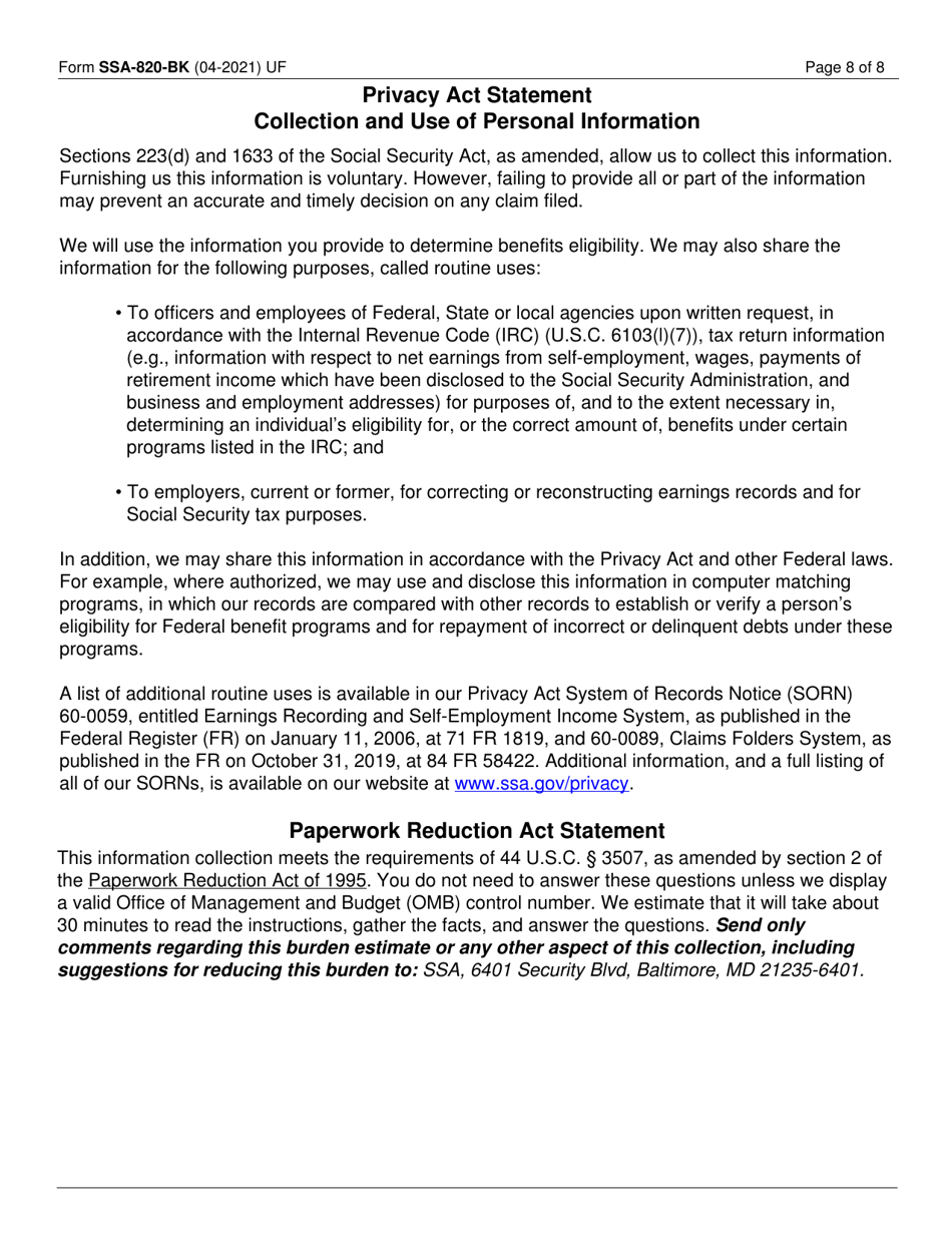 Form SSA-820-BK Work Activity Report (Self-employed Person), Page 8