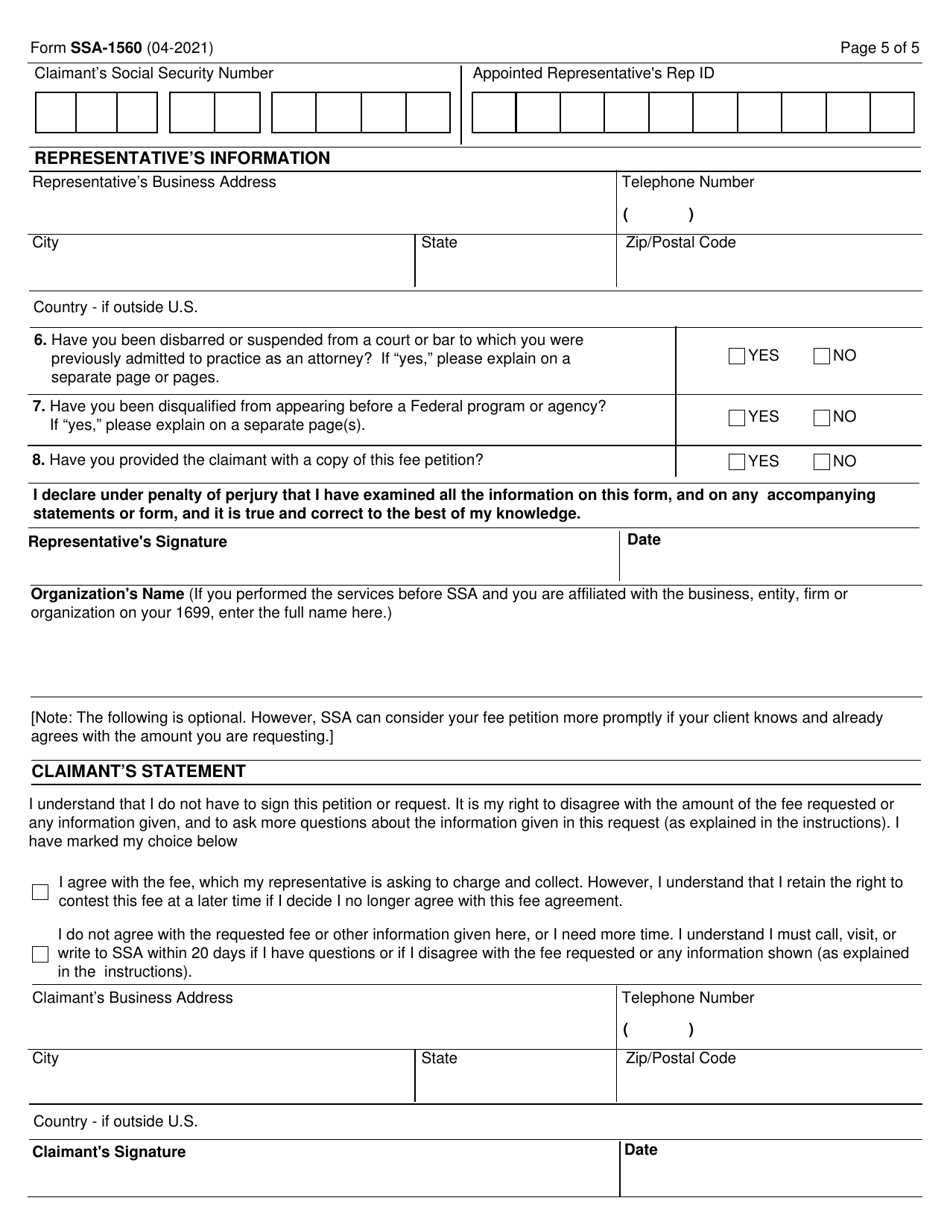 Form SSA-1560 Petition for Authorization to Charge and Collect a Fee for Services Before the Social Security Administration, Page 5