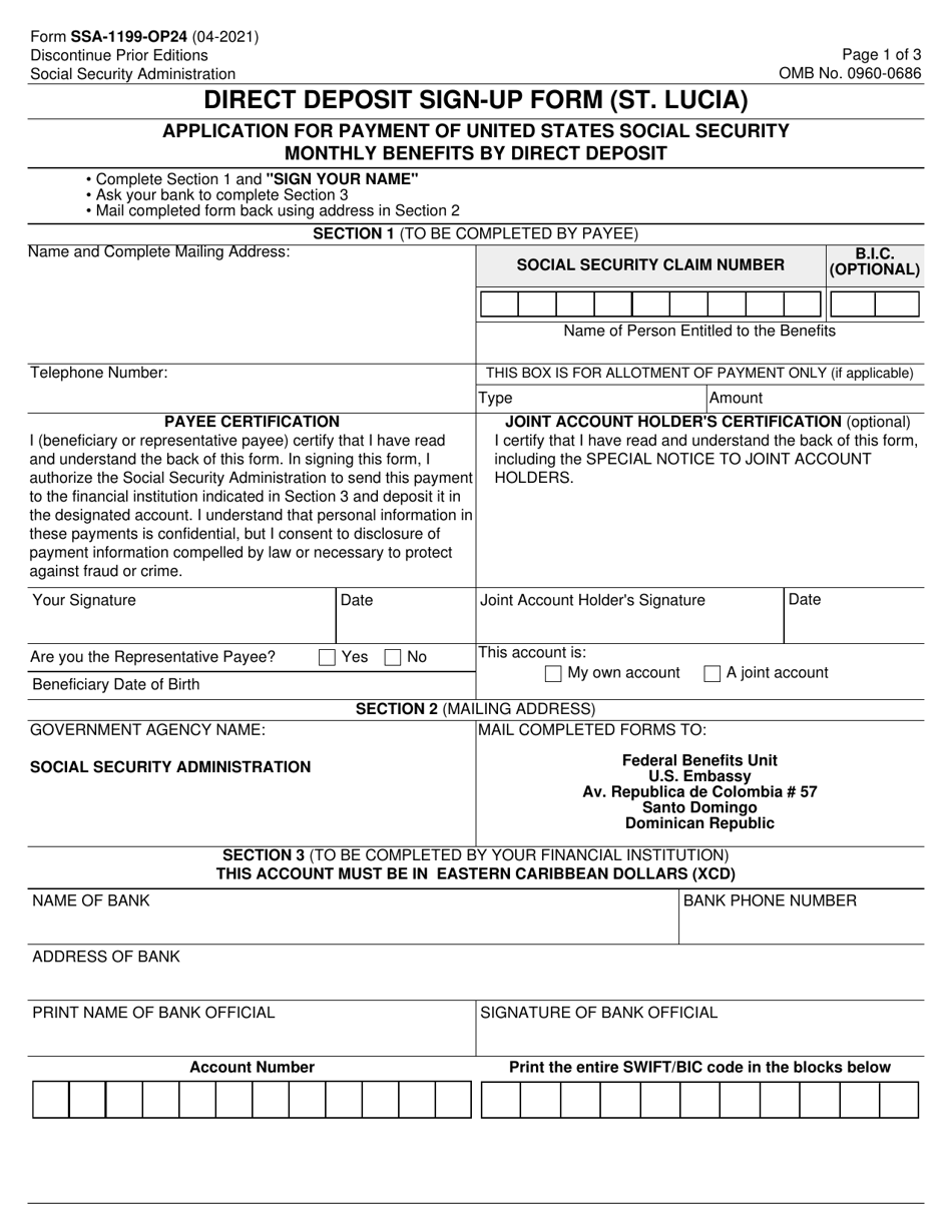 Form SSA-1199-OP24 Direct Deposit Sign-Up Form (St. Lucia), Page 1