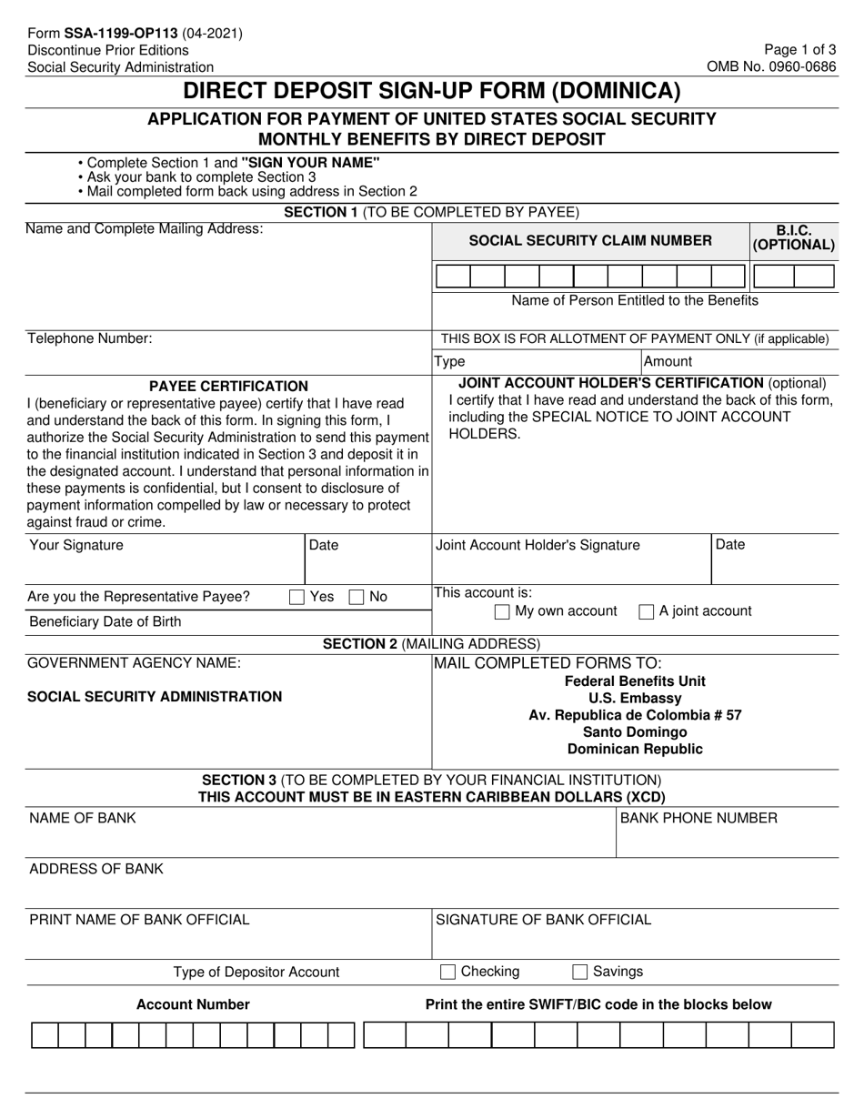 Form SSA-1199-OP113 Direct Deposit Sign-Up Form (Dominica), Page 1