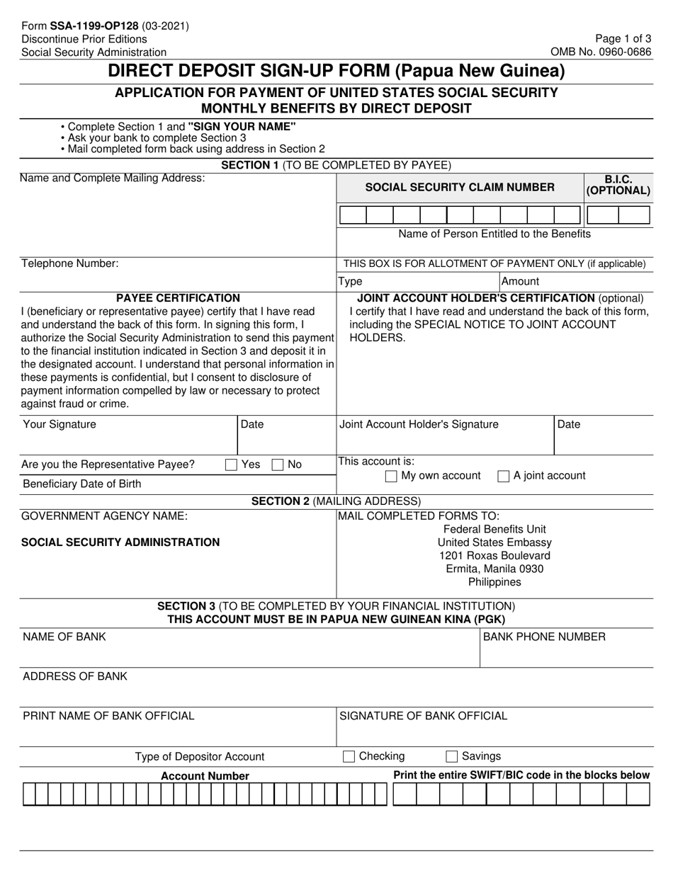 Form SSA-1199-OP128 Direct Deposit Sign-Up Form (Papua New Guinea), Page 1
