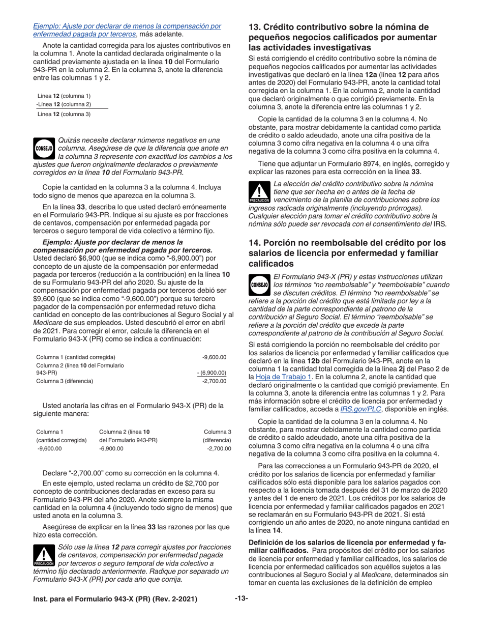 Instrucciones para IRS Formulario 943-X (PR) Ajuste a La Declaracion Federal Anual Del Patrono De Empleados Agricolas O Reclamacion De Reembolso (Puerto Rican Spanish), Page 13