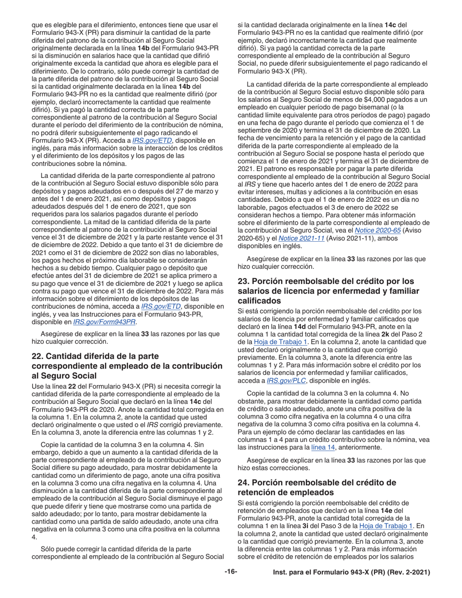 Instrucciones para IRS Formulario 943-X (PR) Ajuste a La Declaracion Federal Anual Del Patrono De Empleados Agricolas O Reclamacion De Reembolso (Puerto Rican Spanish), Page 16
