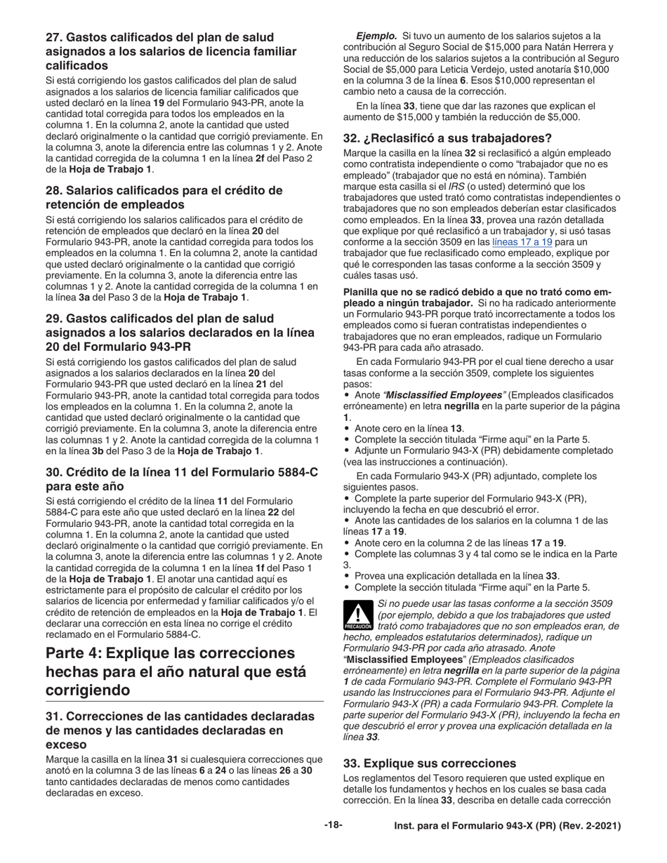 Instrucciones para IRS Formulario 943-X (PR) Ajuste a La Declaracion Federal Anual Del Patrono De Empleados Agricolas O Reclamacion De Reembolso (Puerto Rican Spanish), Page 18