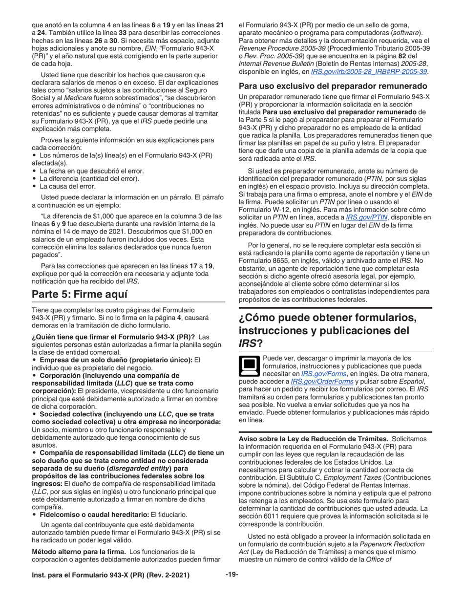 Instrucciones para IRS Formulario 943-X (PR) Ajuste a La Declaracion Federal Anual Del Patrono De Empleados Agricolas O Reclamacion De Reembolso (Puerto Rican Spanish), Page 19