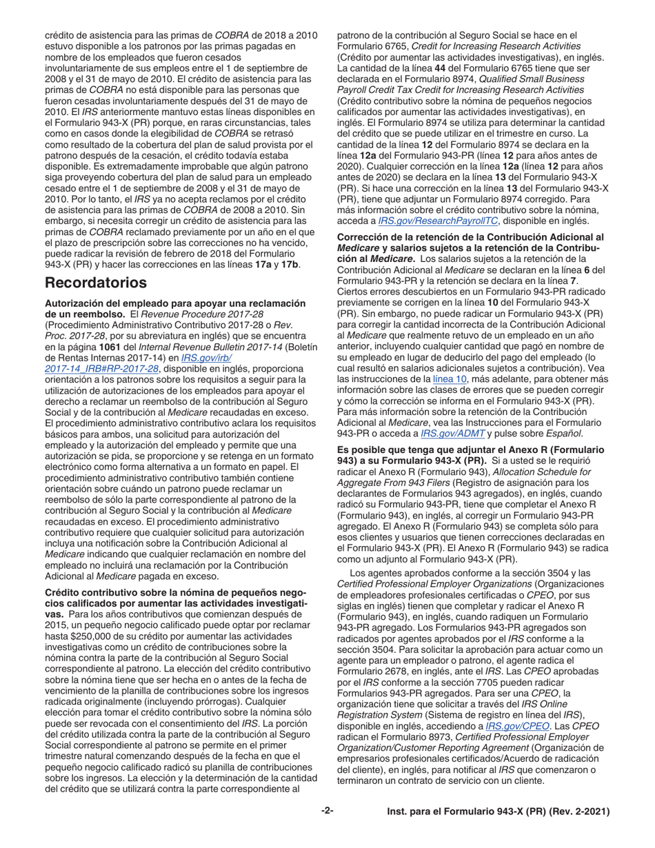 Instrucciones para IRS Formulario 943-X (PR) Ajuste a La Declaracion Federal Anual Del Patrono De Empleados Agricolas O Reclamacion De Reembolso (Puerto Rican Spanish), Page 2