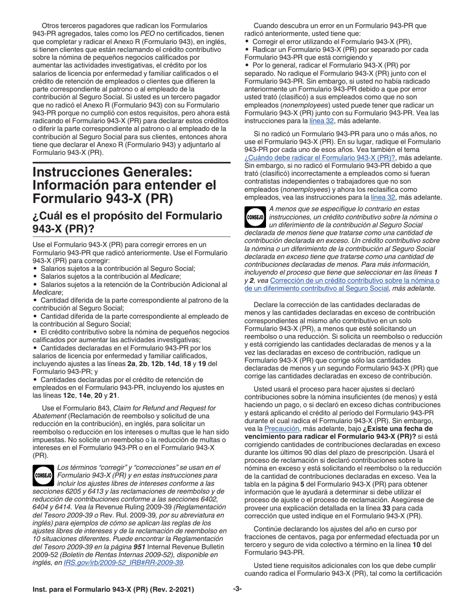 Instrucciones para IRS Formulario 943-X (PR) Ajuste a La Declaracion Federal Anual Del Patrono De Empleados Agricolas O Reclamacion De Reembolso (Puerto Rican Spanish), Page 3