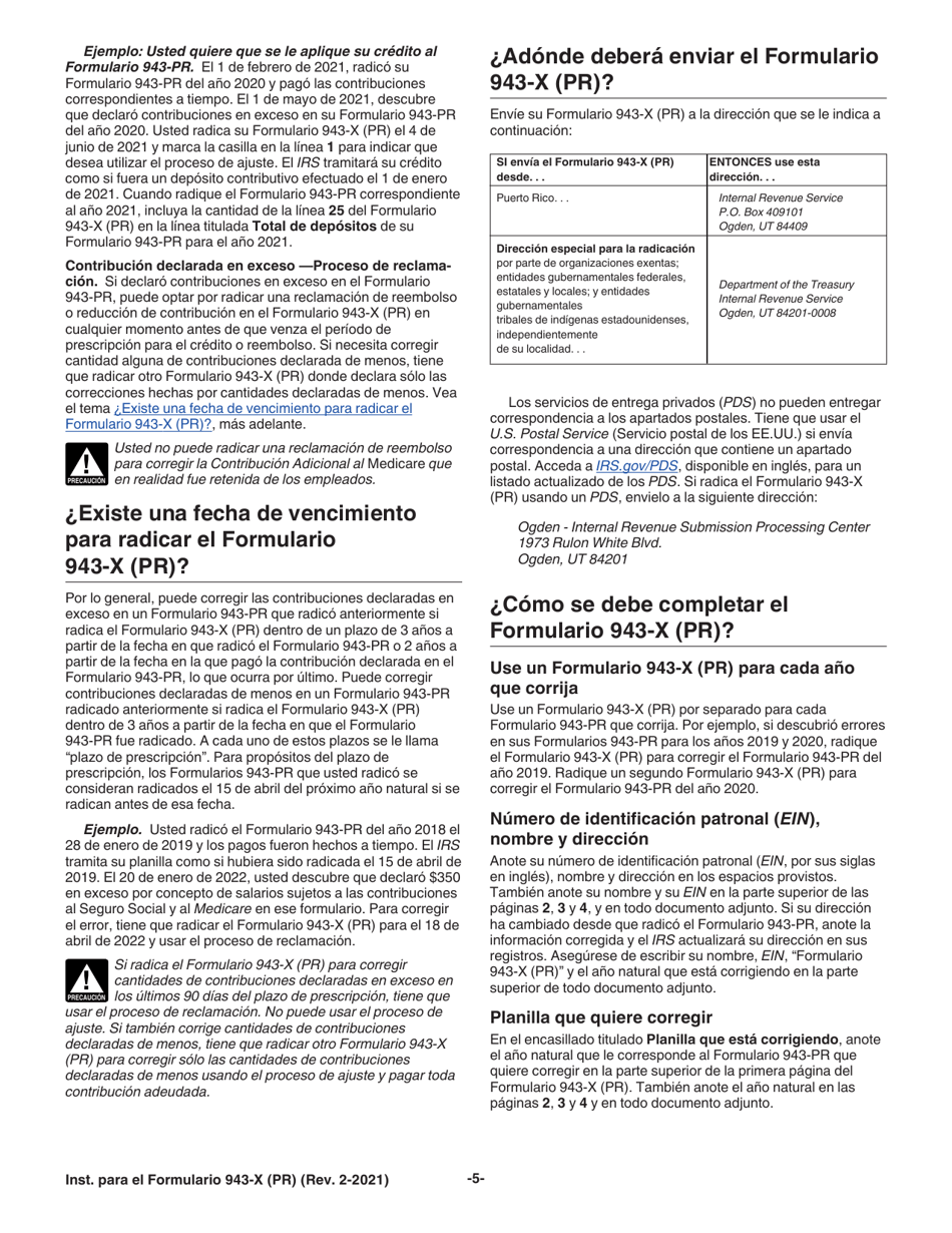 Instrucciones para IRS Formulario 943-X (PR) Ajuste a La Declaracion Federal Anual Del Patrono De Empleados Agricolas O Reclamacion De Reembolso (Puerto Rican Spanish), Page 5