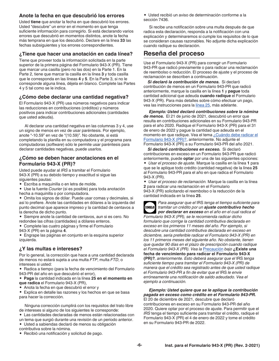 Instrucciones para IRS Formulario 943-X (PR) Ajuste a La Declaracion Federal Anual Del Patrono De Empleados Agricolas O Reclamacion De Reembolso (Puerto Rican Spanish), Page 6
