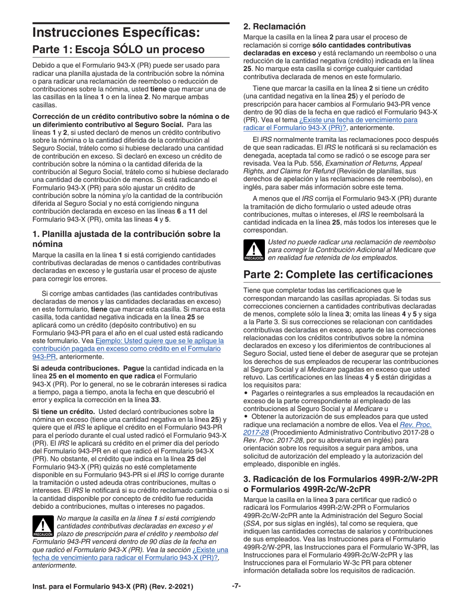 Instrucciones para IRS Formulario 943-X (PR) Ajuste a La Declaracion Federal Anual Del Patrono De Empleados Agricolas O Reclamacion De Reembolso (Puerto Rican Spanish), Page 7