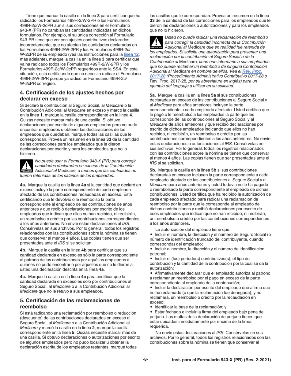 Instrucciones para IRS Formulario 943-X (PR) Ajuste a La Declaracion Federal Anual Del Patrono De Empleados Agricolas O Reclamacion De Reembolso (Puerto Rican Spanish), Page 8
